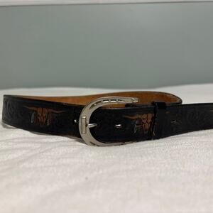 Embossed Saddle Leather brown belt cow bull design size 32